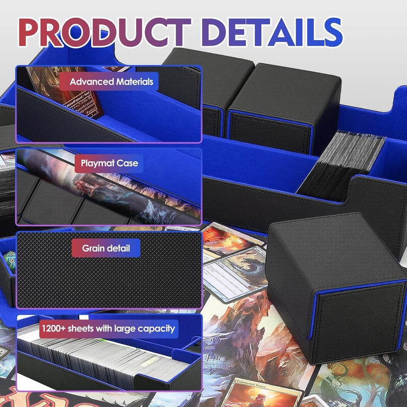 Scimi MTG Card Storage Box - Includes 5 Small Deck Boxes, Holds 1800+ Sleeved Cards, Comes with Playmat Case and Strong Magnetic Closure ((800+ Includes 5 - Black & Blue) - Image 4